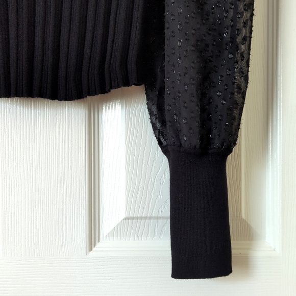 Anthropologie Ribbed Knit Scoop Neck Sheer Shimmer Puff Sleeve Sweater Black S - Picture 6 of 10